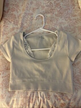 aerie Cream Ribbed Lace-Trim Crop Top